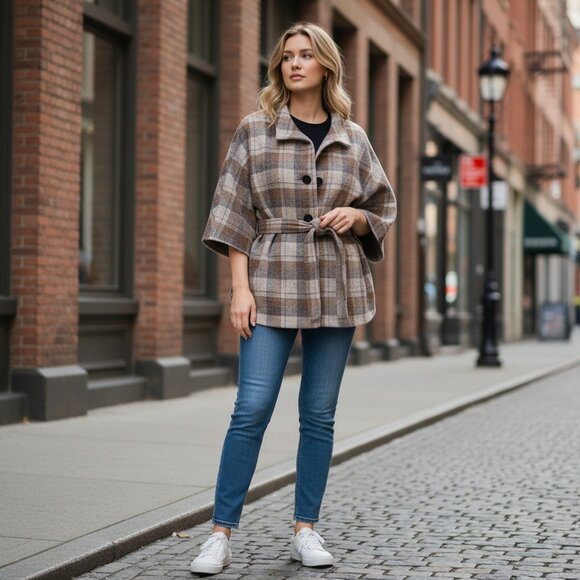 BOYNE VALLEY WEAVERS Plaid Wool Jacket/Cape – Made in Ireland, Pure Elegance! - Picture 2 of 7